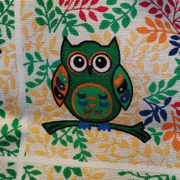 Canvas tote travel market bag owls rope handle zip closure red green yellow blue - Picture 5 of 12